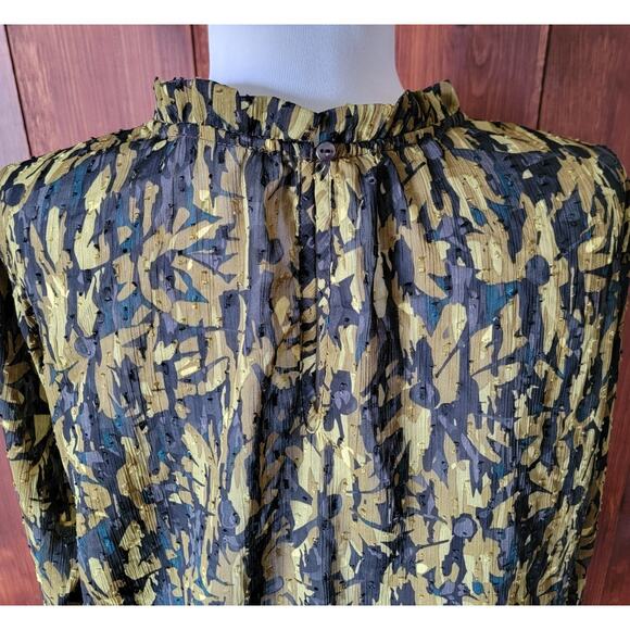 Maison d’Amelie Women L Black Chartreuse Chiffon Swiss Dot Ruffle Mock Neck Top - Picture 6 of 10